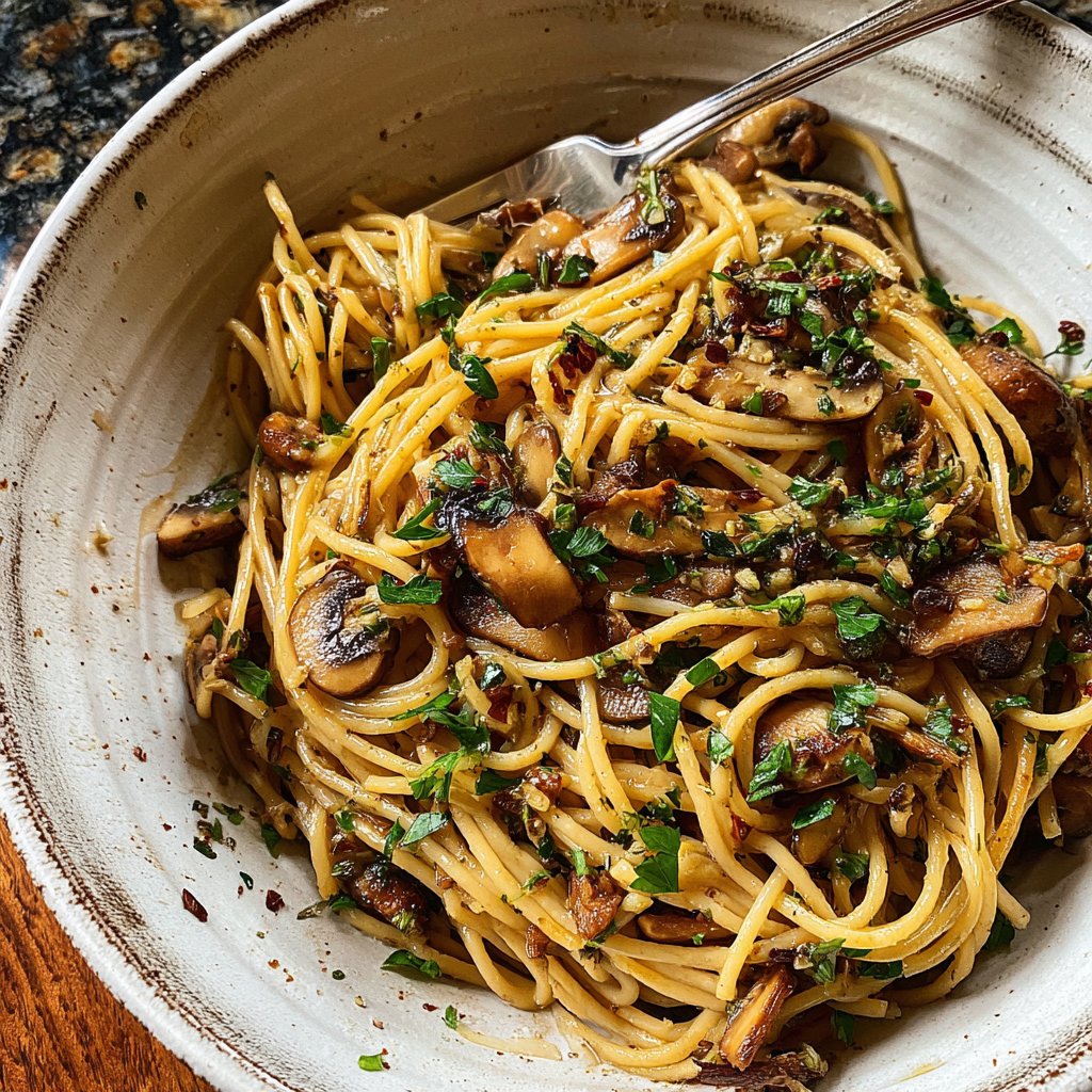 Spaghetti mit Pilzen und Petersilie