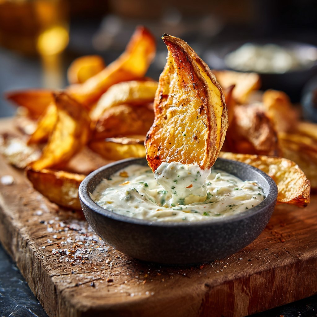 Abendessen mit Ofenkartoffeln und Dip
